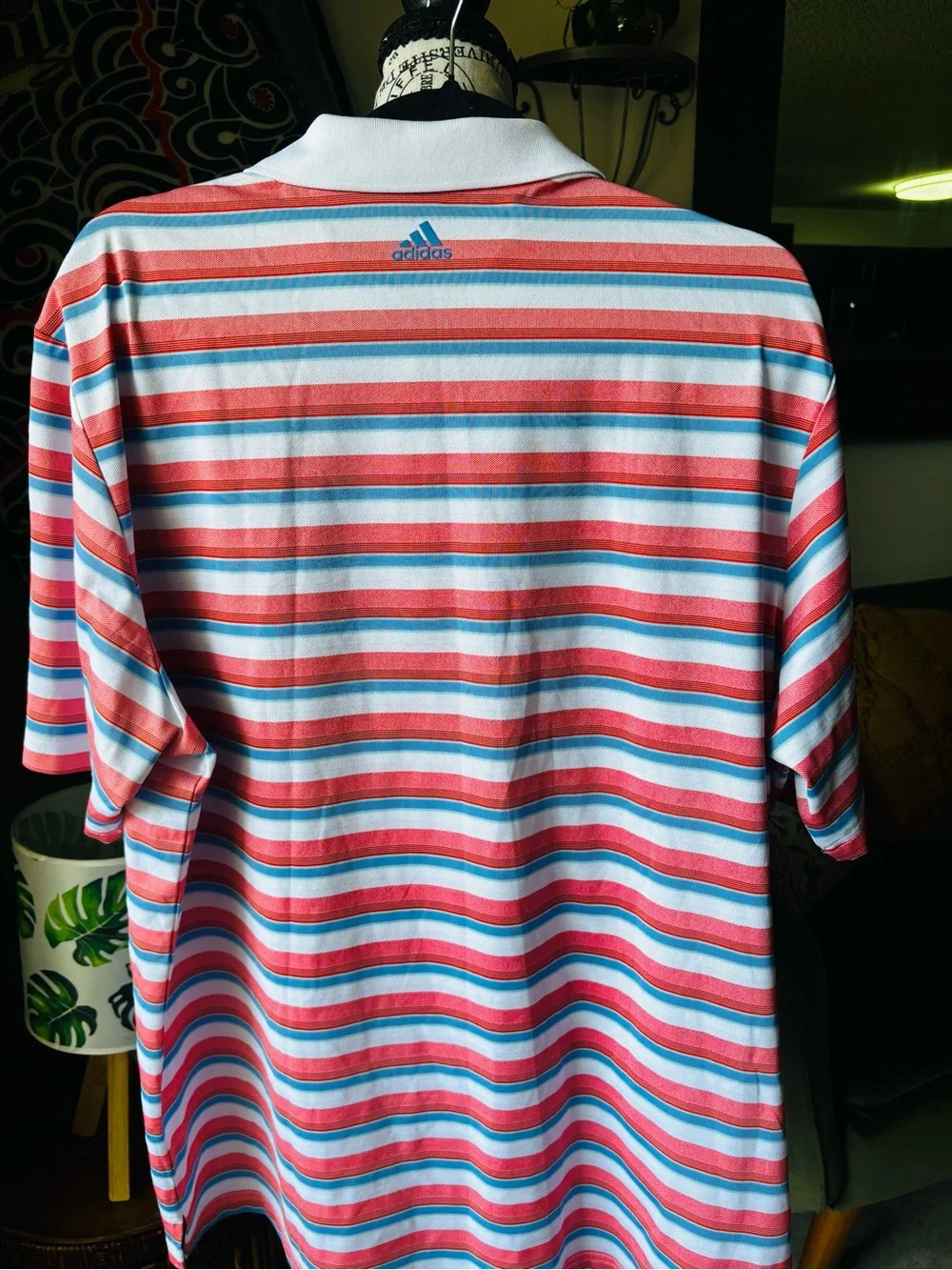 adidas Men's Striped Polo in Coral, White & Light Blue